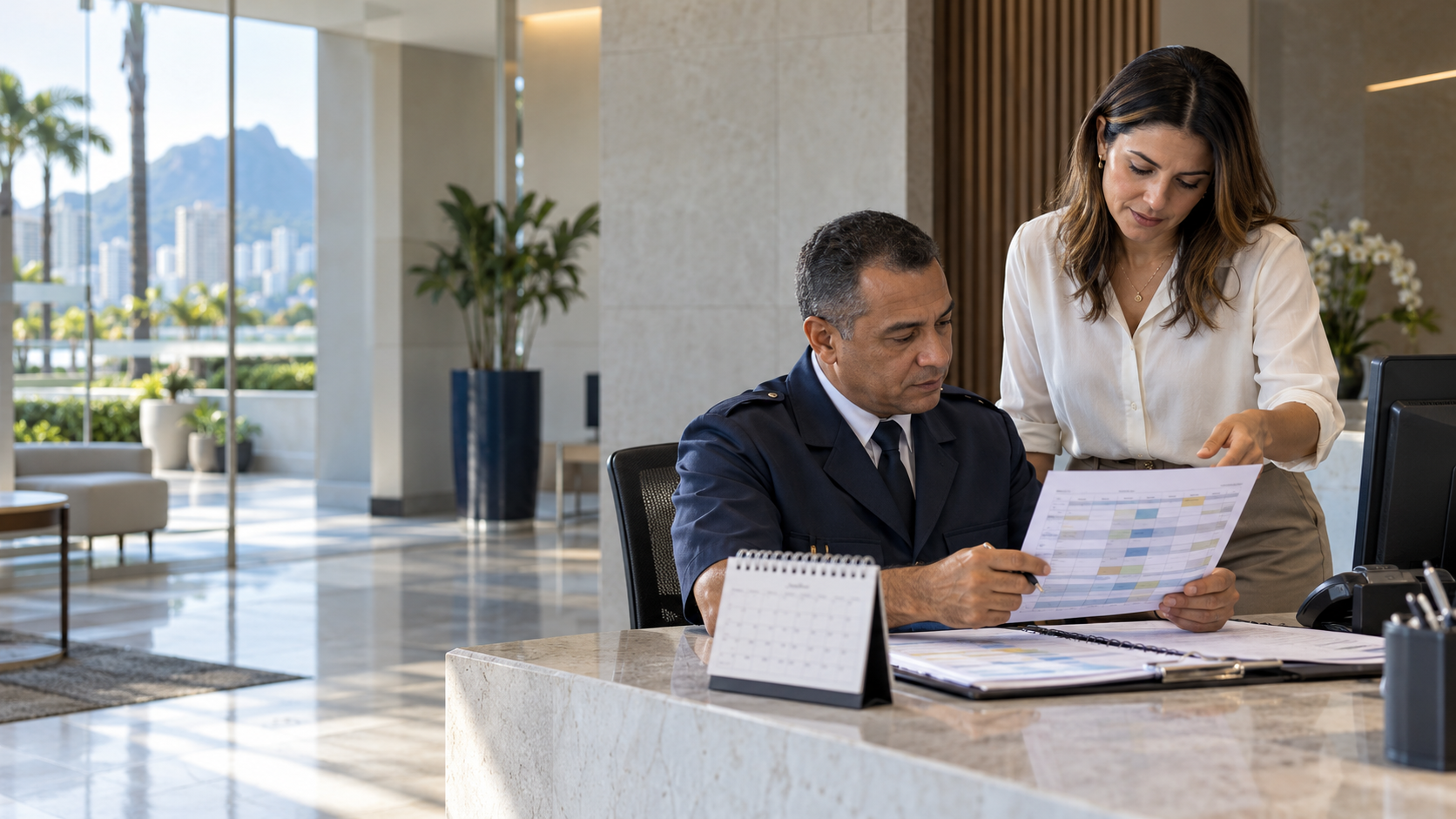 Porteiro e síndica analisam escala de trabalho em condomínio residencial, representando os impactos do fim da escala 6x1 nos condomínios.