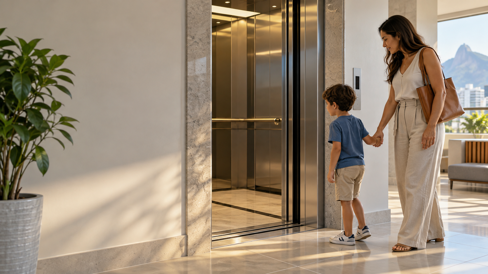 Criança acompanhada pela mãe em elevador de condomínio, representando a segurança infantil e a supervisão nas áreas comuns.